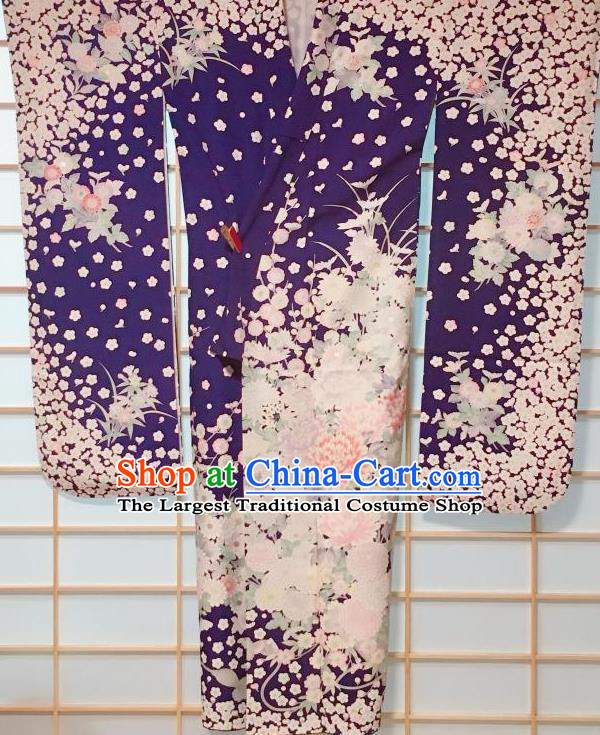 Japanese Classical Peony Pattern Royalblue Furisode Kimono Japan Traditional Yukata Dress Costume for Women