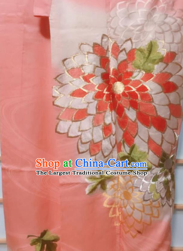 Japanese Classical Chrysanthemum Pattern Pink Furisode Kimono Japan Traditional Yukata Dress Costume for Women