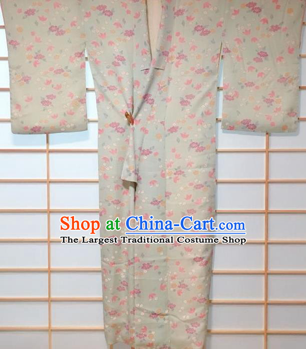 Japanese Classical Leaf Pattern Light Green Kimono Japan Traditional Yukata Dress Costume for Women