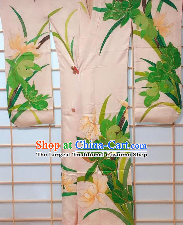 Japanese Classical Mangnolia Pattern White Furisode Kimono Japan Traditional Yukata Dress Costume for Women