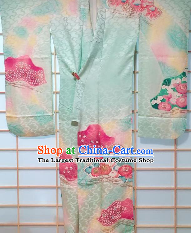 Japanese Classical Chrysanthemum Pattern Green Furisode Kimono Japan Traditional Yukata Dress Costume for Women