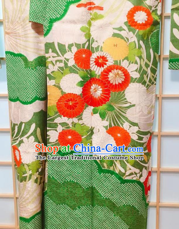 Japanese Classical Cloud Chrysanthemum Pattern Green Furisode Kimono Japan Traditional Yukata Dress Costume for Women
