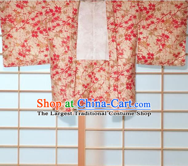 Japanese Traditional Maple Leaf Pattern Beige Haori Jacket Japan Kimono Overcoat Costume for Women
