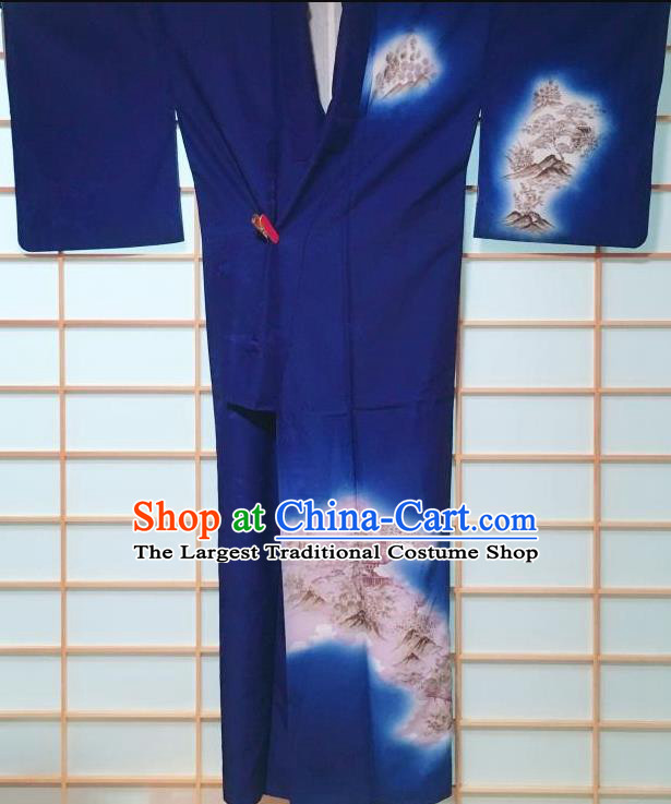 Japanese Classical Landscape Pattern Royalblue Tsukesage Kimono Japan Traditional Yukata Dress Costume for Women