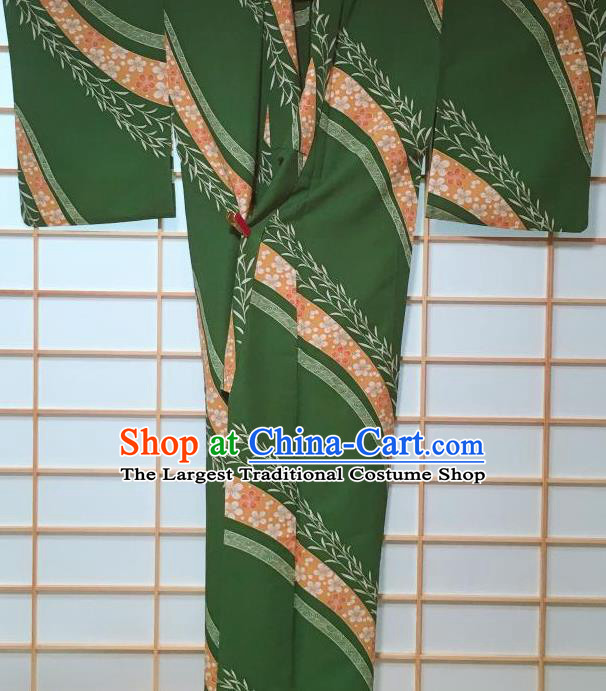Japanese Classical Sakura Pattern Green Kimono Japan Traditional Yukata Dress Costume for Women