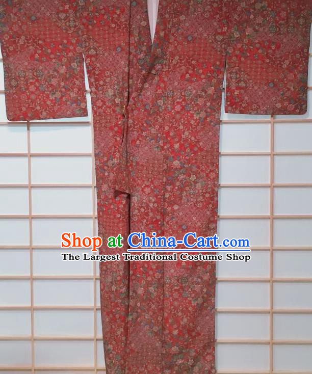 Japanese Classical Oriental Cherry Pattern Red Kimono Japan Traditional Yukata Dress Costume for Women