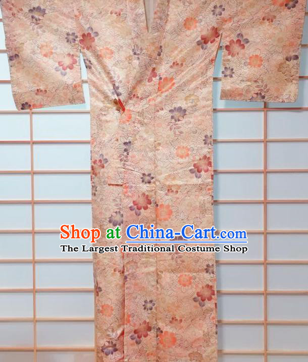 Japanese Classical Flowers Pattern Light Orange Kimono Japan Traditional Yukata Dress Costume for Women