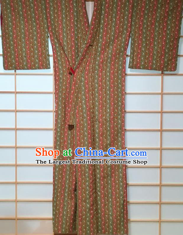 Japanese Classical Stripe Pattern Olive Green Kimono Japan Traditional Yukata Dress Costume for Women