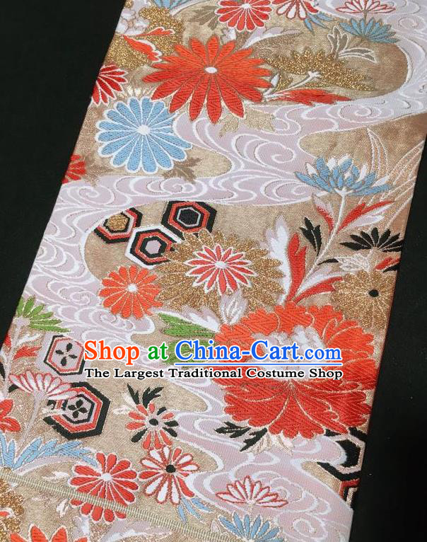 Japanese Nagoya Traditional Embroidered Peony Pattern White Brocade Waistband Japan Kimono Yukata Belt for Women