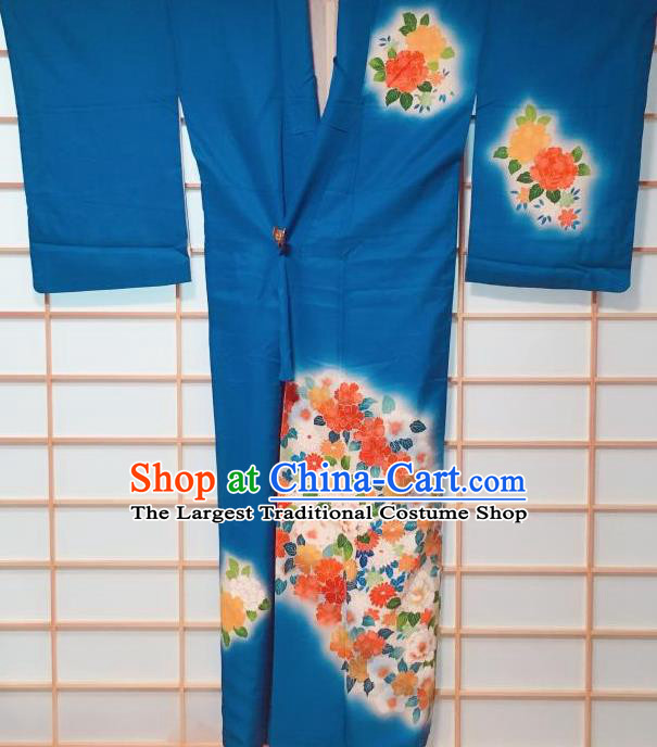 Traditional Japanese Deep Blue Tsukesage Kimono Japan Classical Peony Pattern Yukata Dress Costume for Women