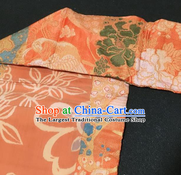 Japanese Nagoya Traditional Embroidered Phoenix Peony Pattern Orange Brocade Waistband Japan Kimono Yukata Belt for Women