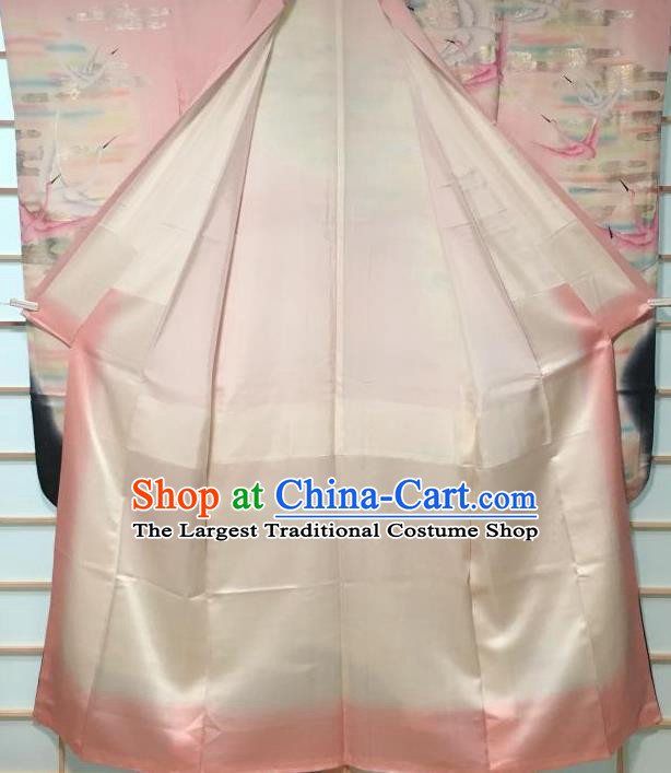 Traditional Japanese Pink Furisode Kimono Japan Classical Cloud Crane Pattern Yukata Dress Costume for Women