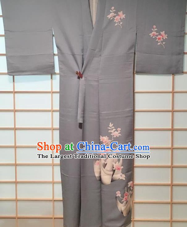 Traditional Japanese Grey Tsukesage Kimono Japan Classical Flower Pattern Yukata Dress Costume for Women