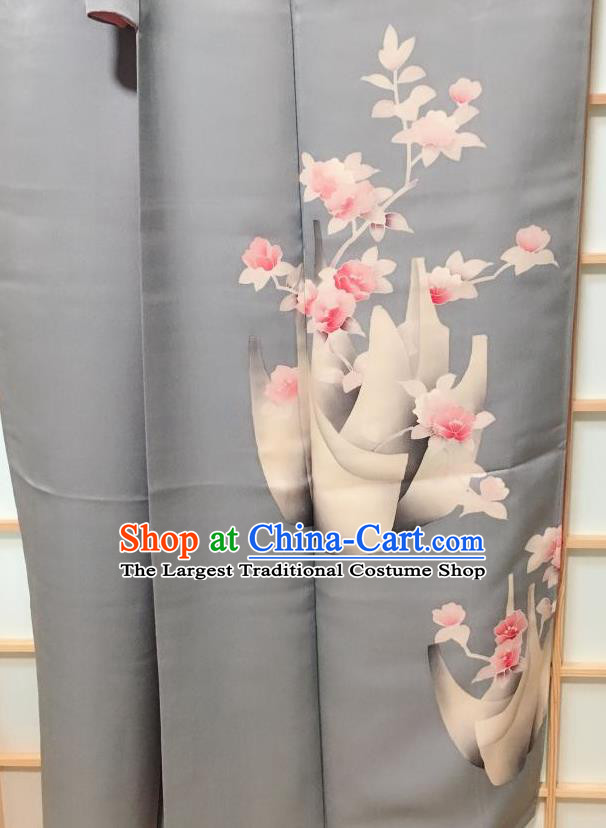 Traditional Japanese Grey Tsukesage Kimono Japan Classical Flower Pattern Yukata Dress Costume for Women