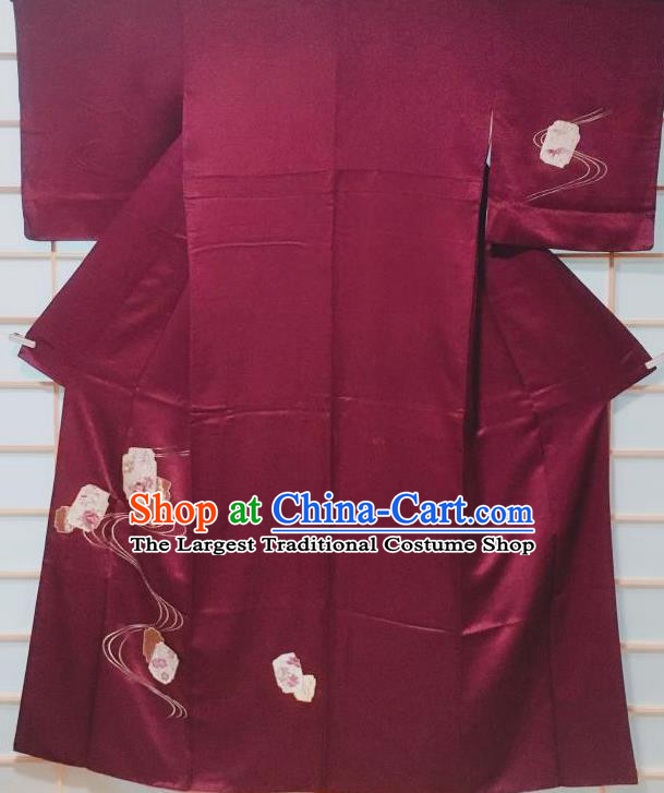 Traditional Japanese Purple Tsukesage Kimono Japan Classical Embroidered Peony Pattern Yukata Dress Costume for Women