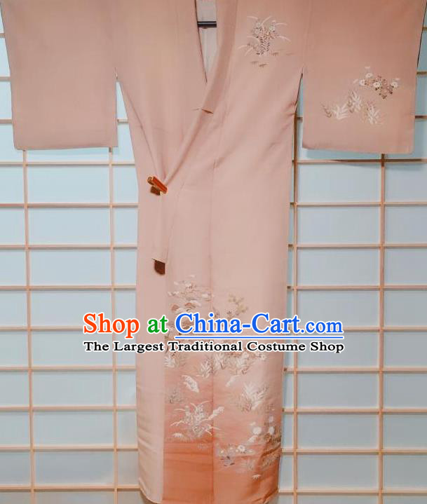 Traditional Japanese Beige Tsukesage Kimono Japan Classical Pine Chrysanthemum Pattern Yukata Dress Costume for Women