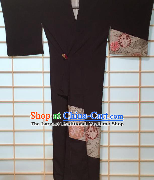 Traditional Japanese Navy Tsukesage Kimono Japan Classical Chrysanthemum Pattern Yukata Dress Costume for Women