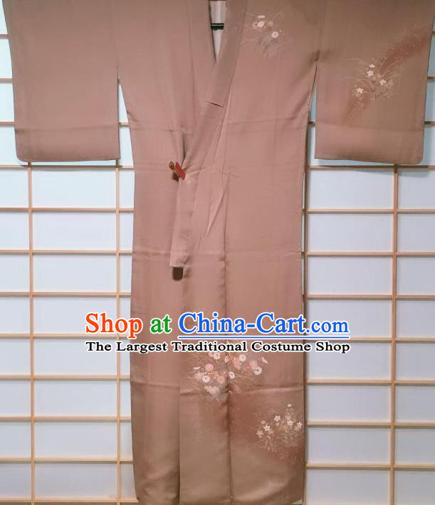 Traditional Japanese Light Brown Tsukesage Kimono Japan Classical Daisy Pattern Yukata Dress Costume for Women
