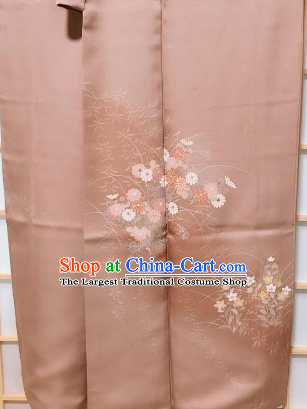 Traditional Japanese Light Brown Tsukesage Kimono Japan Classical Daisy Pattern Yukata Dress Costume for Women