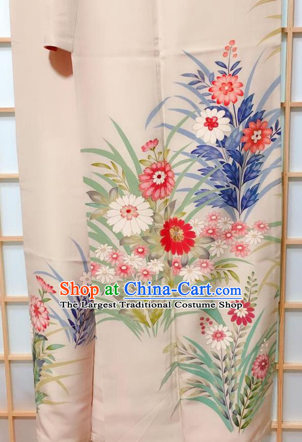 Traditional Japanese Beige Tsukesage Kimono Japan Classical Daisy Pattern Yukata Dress Costume for Women