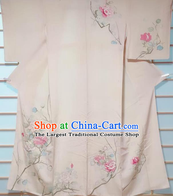 Traditional Japanese Beige Tsukesage Kimono Japan Classical Roses Pattern Yukata Dress Costume for Women