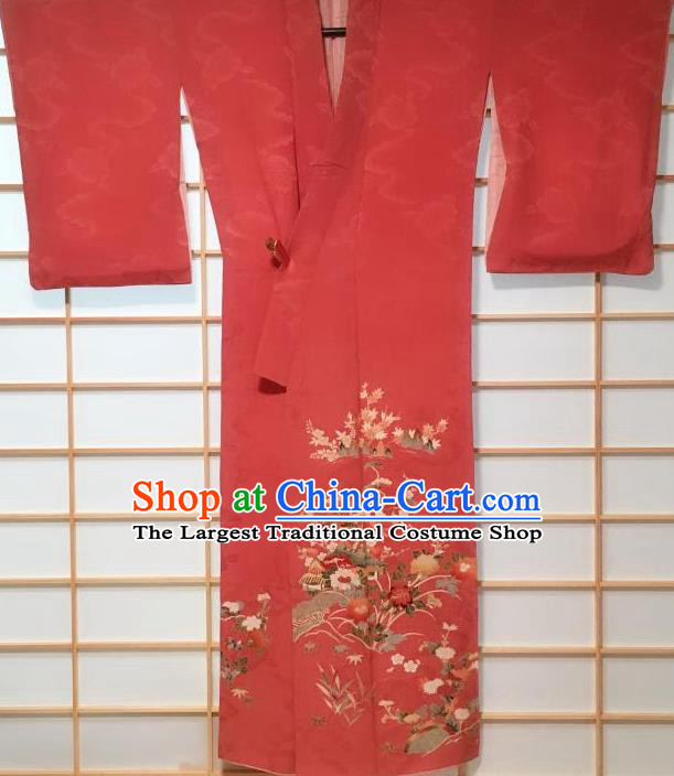 Traditional Japanese Red Uchikake Kimono Japan Classical Plum Pine Pattern Yukata Dress Costume for Women