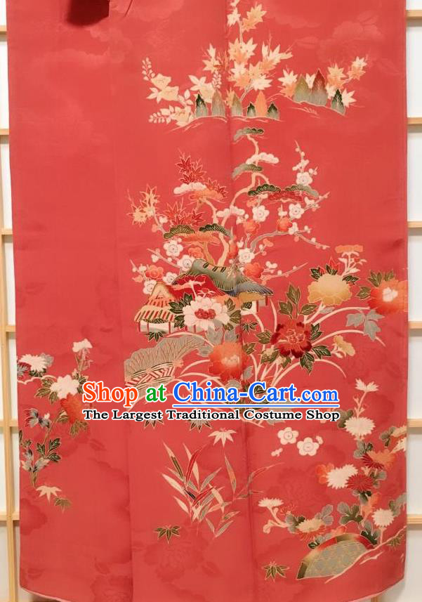 Traditional Japanese Red Uchikake Kimono Japan Classical Plum Pine Pattern Yukata Dress Costume for Women