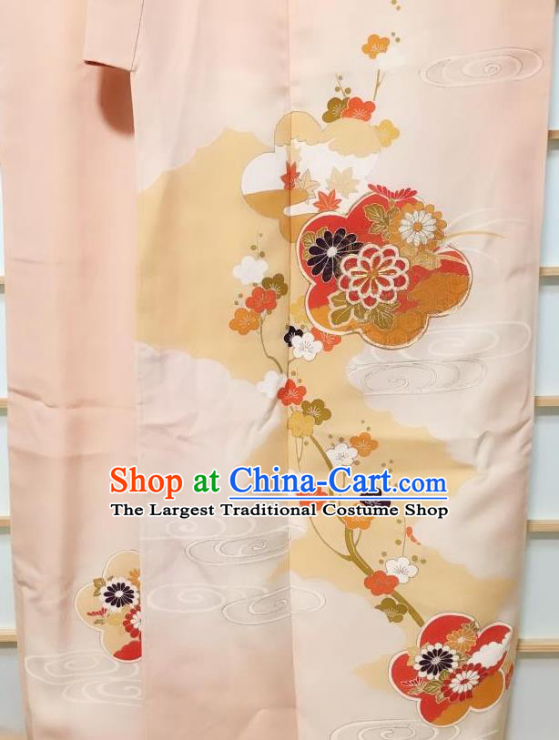 Traditional Japanese Light Pink Tsukesage Kimono Japan Classical Plum Chrysanthemum Pattern Yukata Dress Costume for Women