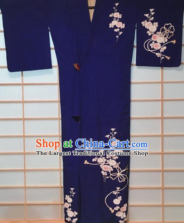 Traditional Japanese Deep Blue Tsukesage Kimono Japan Classical Daisy Butterfly Pattern Yukata Dress Costume for Women