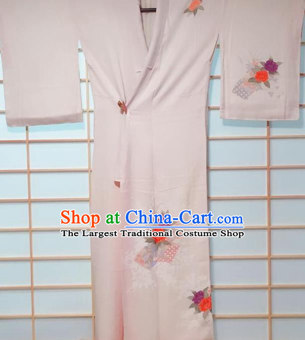 Traditional Japanese Beige Tsukesage Kimono Japan Classical Peony Pattern Yukata Dress Costume for Women
