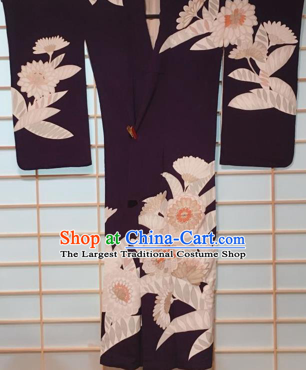Traditional Japanese Deep Purple Tsukesage Kimono Japan Classical Chrysanthemum Pattern Yukata Dress Costume for Women