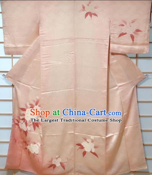 Traditional Japanese Pink Tsukesage Kimono Japan Classical Camellia Pattern Yukata Dress Costume for Women