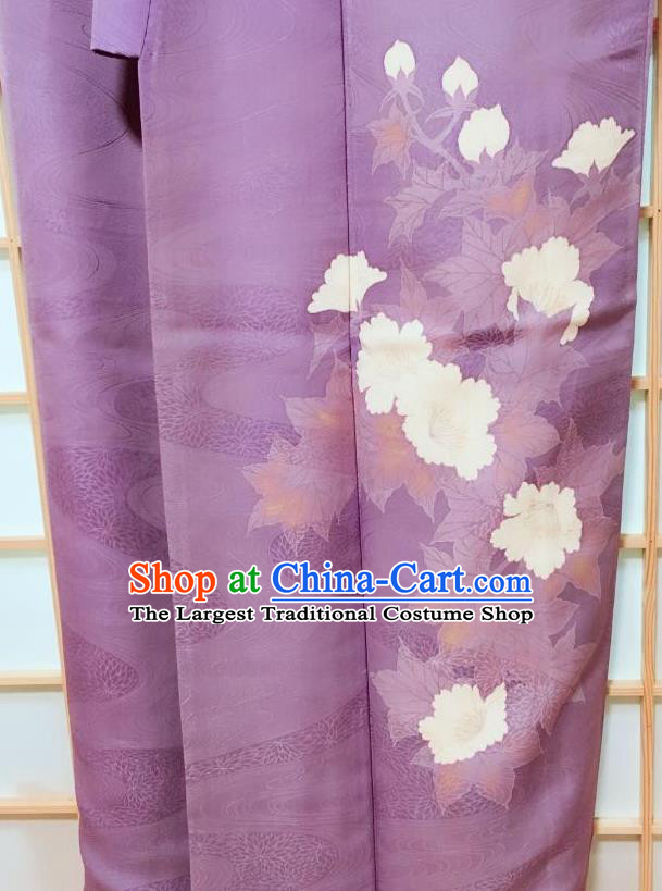 Traditional Japanese Violet Tsukesage Kimono Japan Classical Peony Pattern Yukata Dress Costume for Women