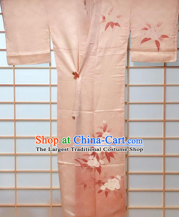 Traditional Japanese Pink Tsukesage Kimono Japan Classical Camellia Pattern Yukata Dress Costume for Women
