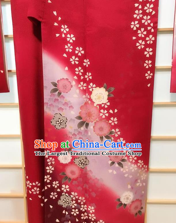 Traditional Japanese Red Furisode Kimono Japan Classical Sakura Pattern Yukata Dress Costume for Women