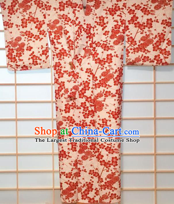 Traditional Japanese White Kimono Japan Classical Plum Chrysanthemum Pattern Yukata Dress Costume for Women