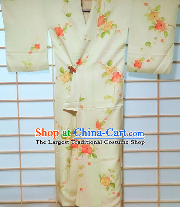 Traditional Japanese Light Green Kimono Japan Classical Flowers Pattern Yukata Dress Costume for Women