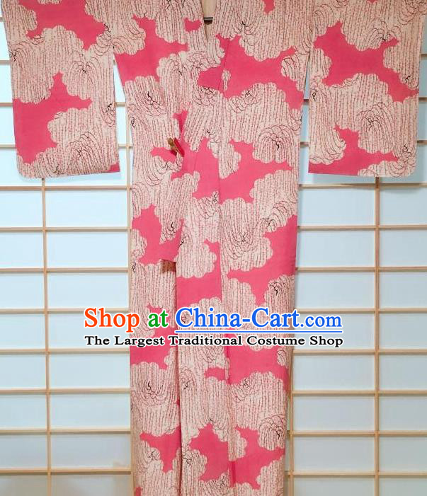 Traditional Japanese Rosy Kimono Japan Classical Willow Branch Pattern Yukata Dress Costume for Women