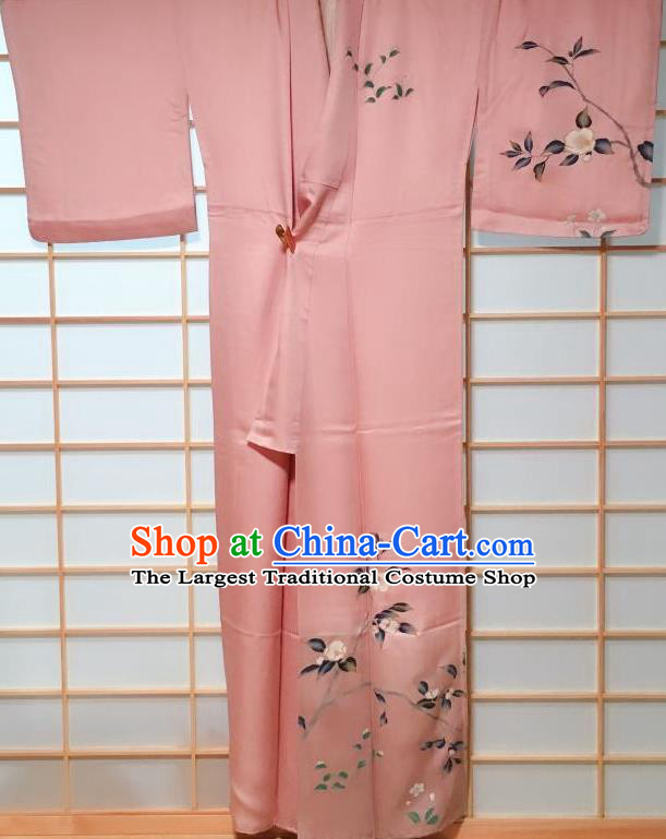 Traditional Japanese Pink Silk Tsukesage Kimono Japan Classical Camellia Pattern Yukata Dress Costume for Women