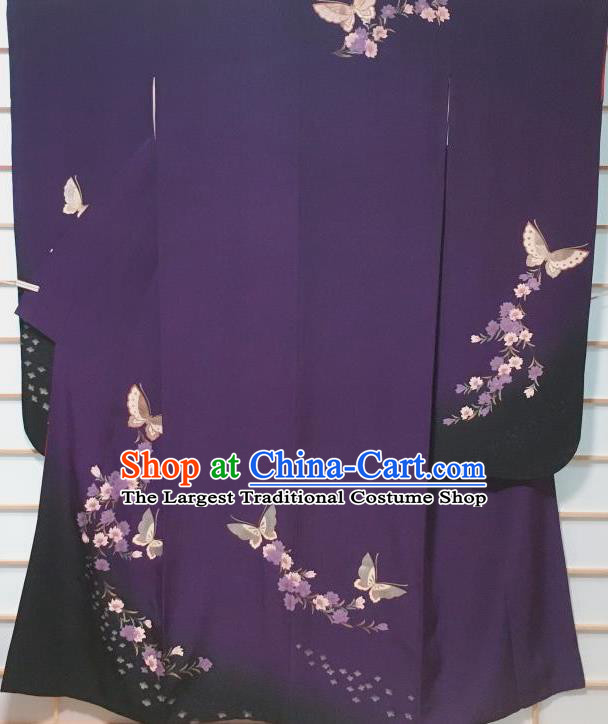 Traditional Japanese Purple Furisode Kimono Japan Classical Butterfly Pattern Yukata Dress Costume for Women