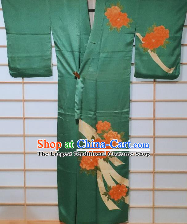 Traditional Japanese Green Silk Tsukesage Kimono Japan Classical Peony Pattern Yukata Dress Costume for Women