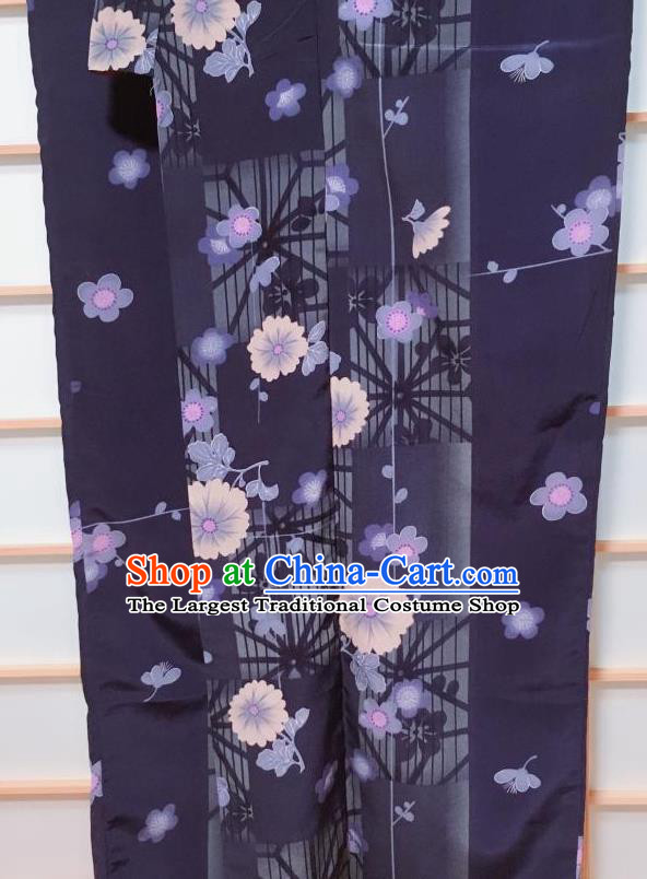 Traditional Japanese Deep Purple Kimono Japan Classical Chrysanthemum Pattern Yukata Dress Costume for Women