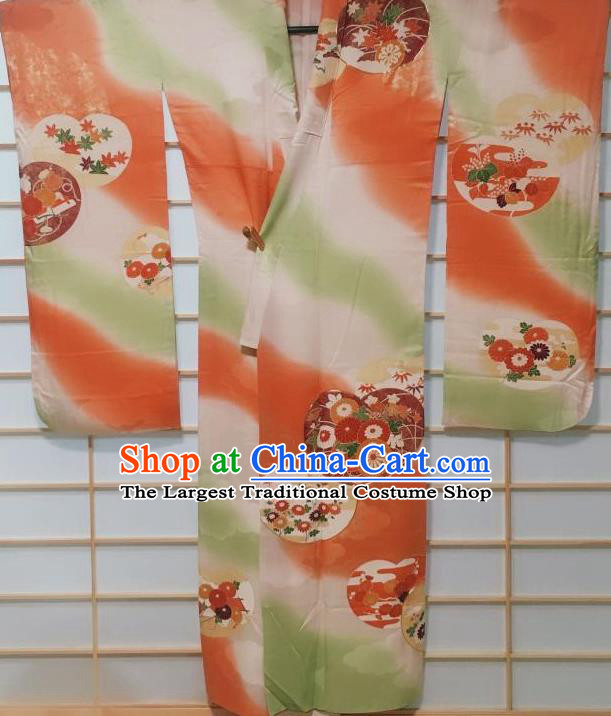 Traditional Japanese Orange Green Furisode Kimono Japan Classical Chrysanthemum Pattern Yukata Dress Costume for Women