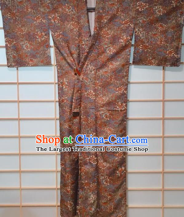Traditional Japanese Brown Kimono Japan Classical Waves Pattern Yukata Dress Costume for Women