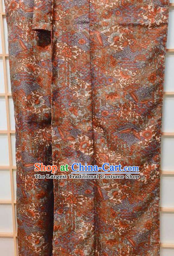 Traditional Japanese Brown Kimono Japan Classical Waves Pattern Yukata Dress Costume for Women