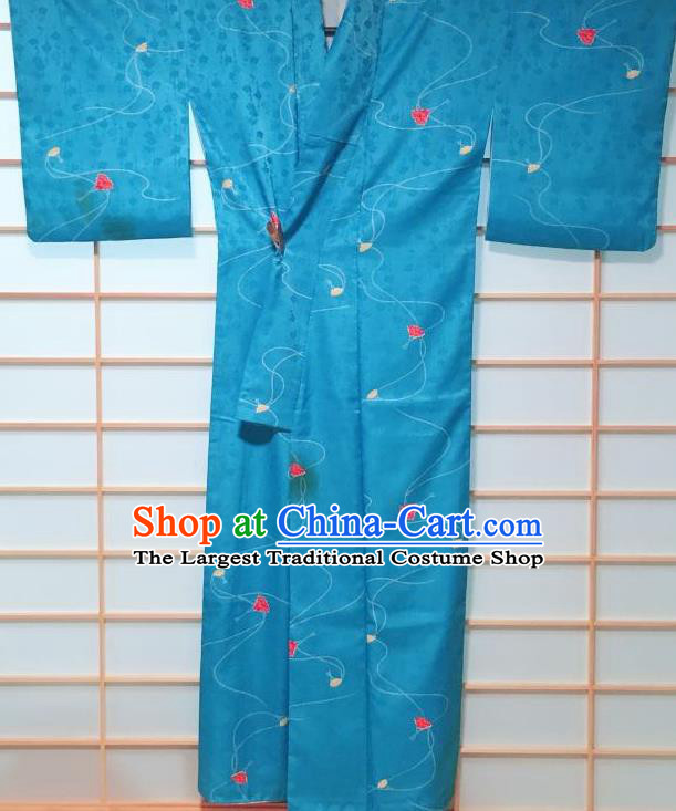 Traditional Japanese Lake Blue Kimono Japan Classical Plum Blossom Pattern Yukata Dress Costume for Women