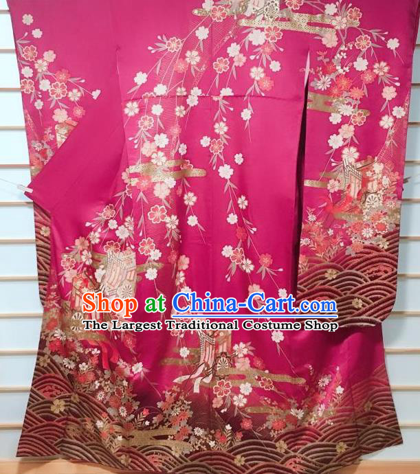Traditional Japanese Rosy Furisode Kimono Japan Classical Cherry Blossom Pattern Yukata Dress Costume for Women
