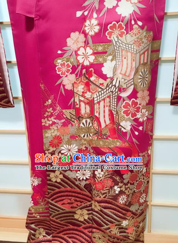 Traditional Japanese Rosy Furisode Kimono Japan Classical Cherry Blossom Pattern Yukata Dress Costume for Women