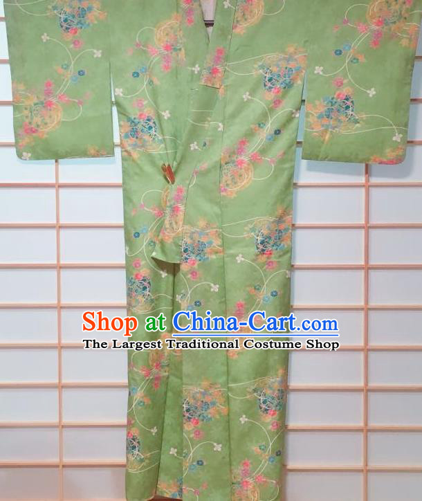 Traditional Japanese Green Kimono Japan Classical Maple Leaf Pattern Yukata Dress Costume for Women