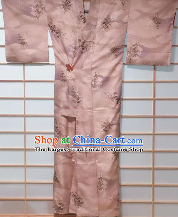 Traditional Japanese Lilac Kimono Japan Classical Tree Pattern Yukata Dress Costume for Women
